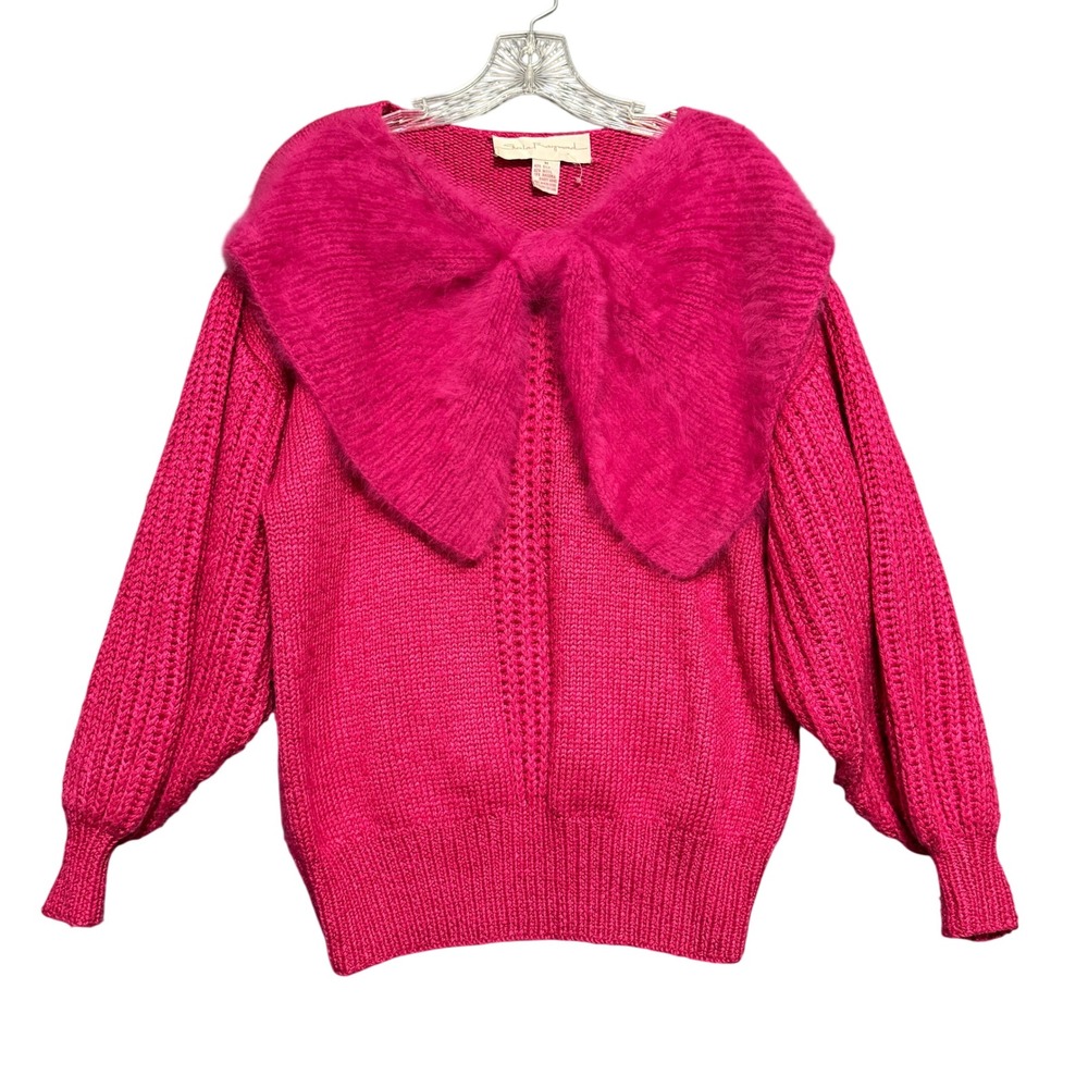 Sheila Raymond Sweater Women M Pink Silk Wool Angora Bow Balloon Sleeve 80s VTG